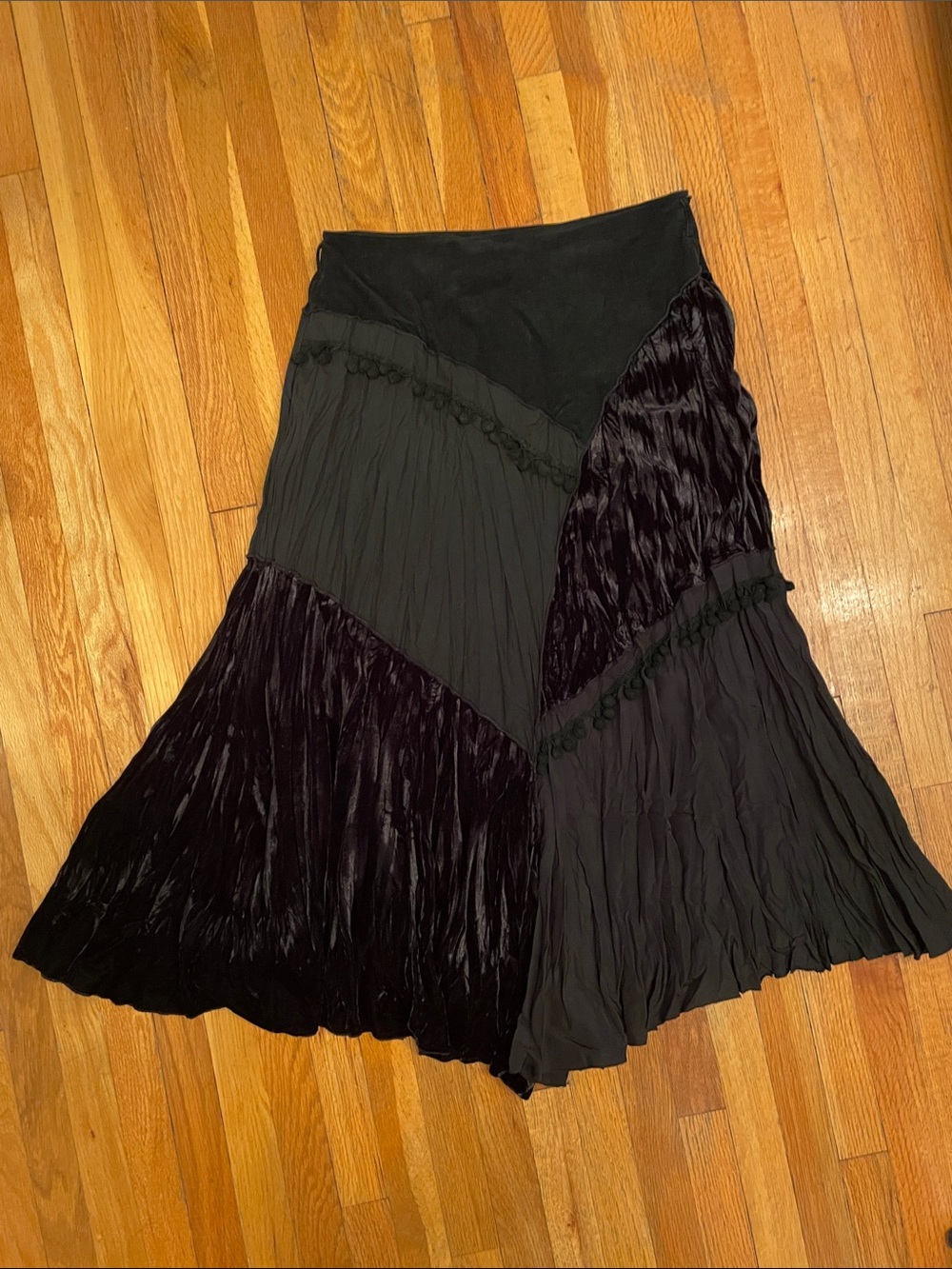 LINEA DOMANI Mixed-Texture Black Boho Hippie Whimsigoth Witchy Urban Midi Skirt